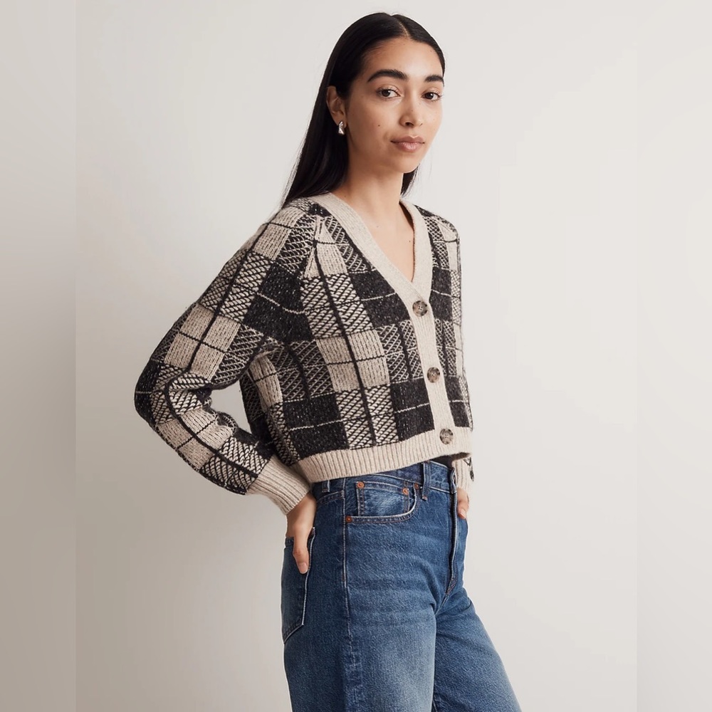 Madewell Button-Front Crop Cardigan in Plaid Merino Wool, Alpaca Blend $118
